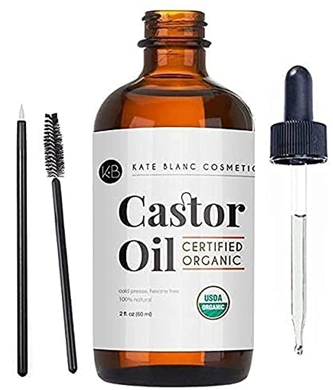 Kate Blanc Cosmetics Castor Oil (2oz), USDA Certified Organic, 100% Pure, Cold Pressed, Hexane Free Stimulate Growth for Eyelashes, Eyebrows, Hair. Skin Moisturizer & Hair Treatment Starter Kit